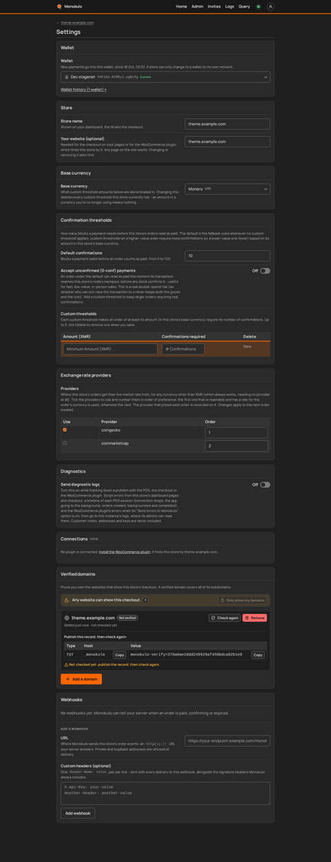 Store settings, Desktop, dark