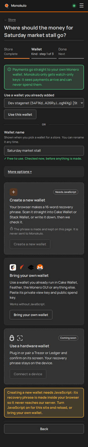 Wallet choice no javascript, Phone portrait, dark