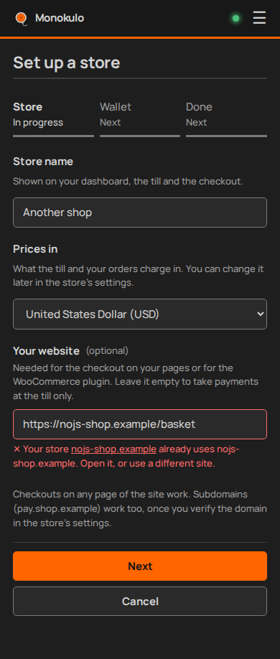 Store site taken no javascript, Phone portrait, dark
