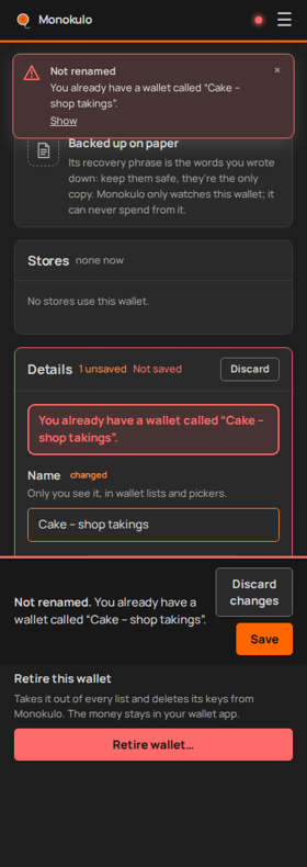 Wallet details failed, Phone portrait, dark