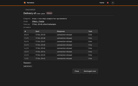 Store webhooks detail page, Desktop, dark